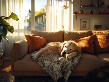 Cute Golden Retriever Resting On Sofa At Homeの写真素材