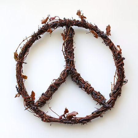 Peace sign made of dried leaves and berries on a white background.