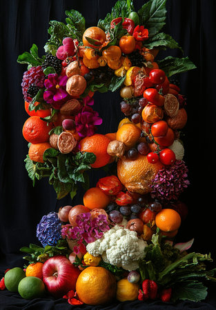 Fruit and vegetable arrangement in the form of a flower wreathの写真素材