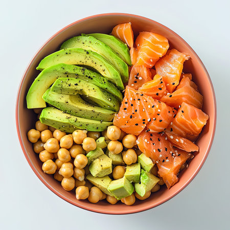 Salmon poke bowl with avocado, chickpeas, avocado and sesame seeds