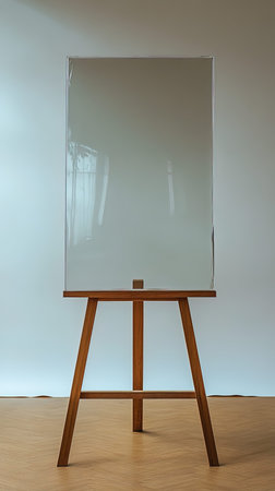 Wooden easel with a blank transparent poster on a gray wall