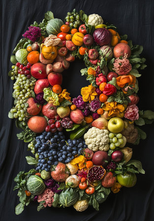 Fruit and vegetable wreath made of various fruits and vegetables.の写真素材