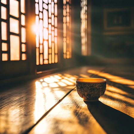Tea cup on wooden table in front of the window with sunlight.の写真素材