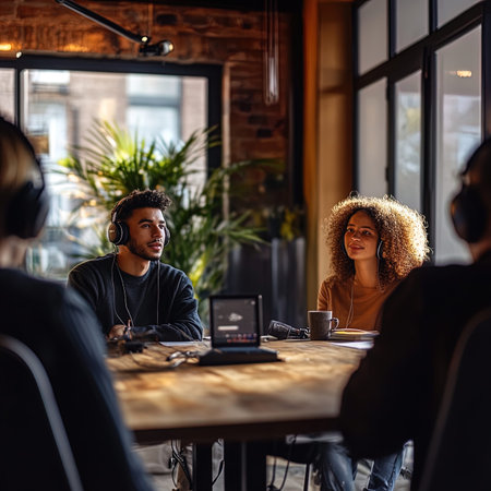 Group of multiethnic young people listening to music on headphones while sitting at a table in a cafeの写真素材