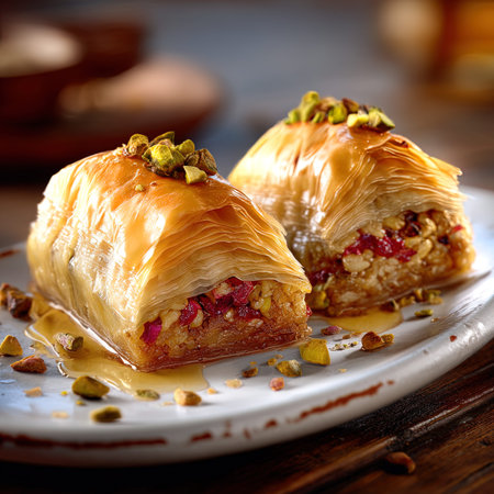 Traditional turkish dessert baklava with cashew, walnuts. toning. selective focusの写真素材