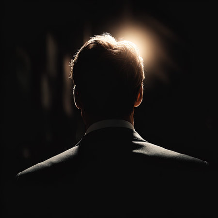 Back view of businessman in suit looking at camera on dark background.の写真素材