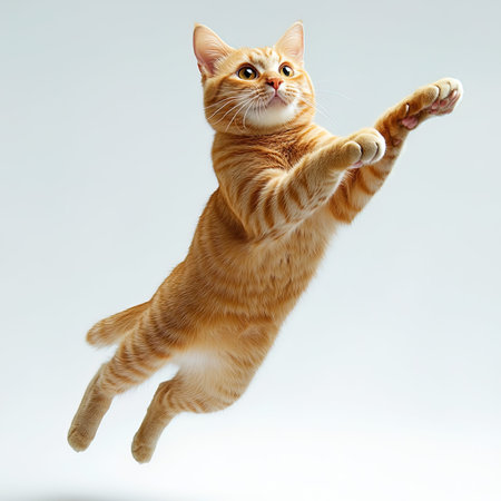 Cute ginger cat jumping on a white background. Isolated.の写真素材