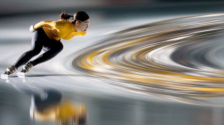 Speed skating extreme sport with motion blur effect. Young woman in sportswear on ice.の写真素材