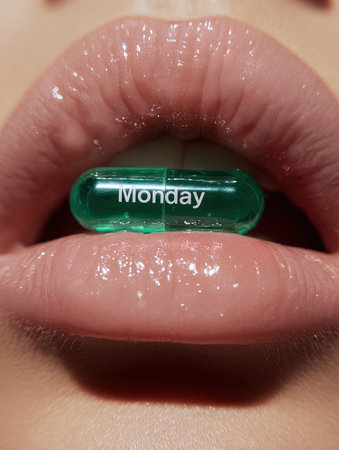 Close-up of a woman's lips with a green pill.の写真素材