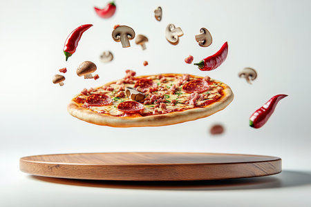 Flying pizza with flying ingredients on white background. 3d rendering.の写真素材