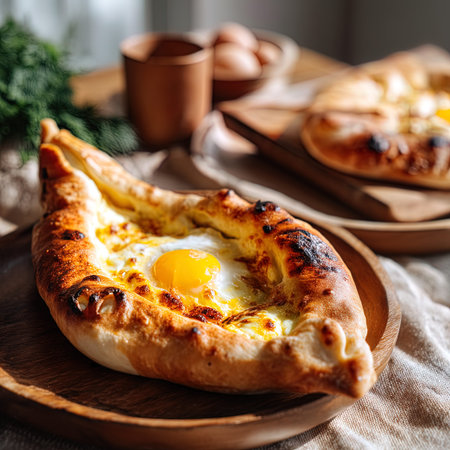 Traditional georgian khachapuri with egg on wooden plateの写真素材