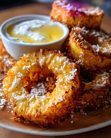 Fried pineapple rings with coconut flakes and sour cream, selective focus.の写真素材