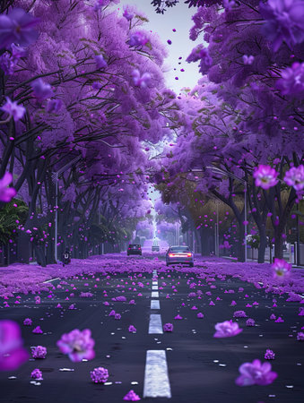 3d rendering of a road in the park surrounded by purple flowersの写真素材