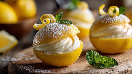 Lemon cupcakes with whipped cream and mint on a wooden table