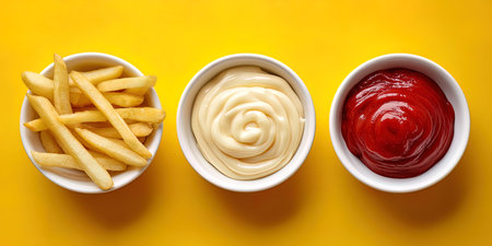 Bowls with french fries and ketchup on yellow background, top view