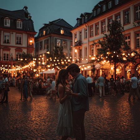 Couple kissing on the street at night in Prague, Czech Republic