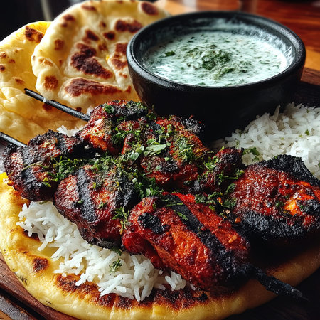 Indian chicken tikka kebab served with basmati riceの写真素材