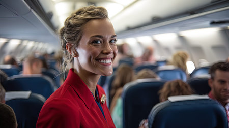 Portrait of businesswoman smiling at camera while standing in airplane cabinの写真素材