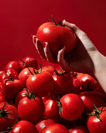 Female hand holding ripe red tomatoes with drops of water on a red backgroundの写真素材