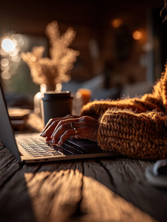 Woman working on a laptop in a cozy cafe. Work from home conceptの写真素材