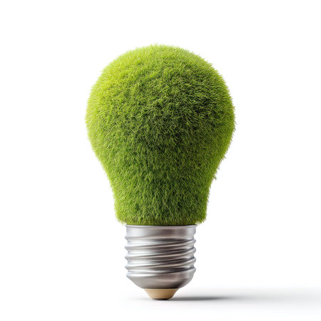 Green eco light bulb with grass isolated on white background. 3d illustrationの写真素材