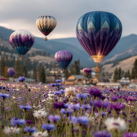 Colorful hot air balloons flying over blooming field of flowersの写真素材