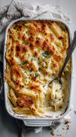 Baked macaroni with cheese and herbs in baking dish.