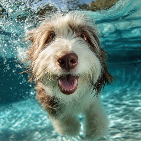 Portrait of a border collie swimming underwater in the pool.の写真素材