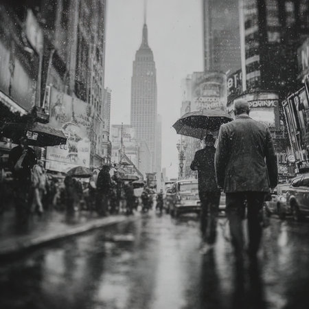 A man walking in the rain in New York.の写真素材