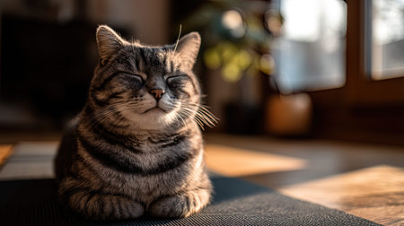Cute tabby cat relaxing on yoga mat at home. Selective focus.の写真素材