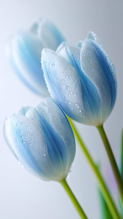 Bouquet of blue tulips with water drops on white backgroundの写真素材