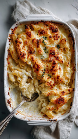 Baked macaroni with cheese and herbs in baking dish, square