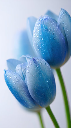 Blue tulips with water drops on white background. Shallow DOFの写真素材