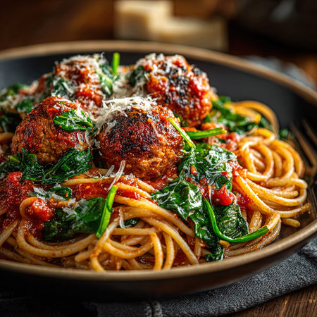 Spaghetti with meatballs and spinach in a plate on a wooden tableの写真素材