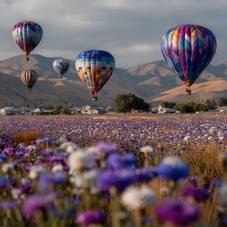 Colorful hot air balloons flying over field of blooming purple and violet flowers.の写真素材