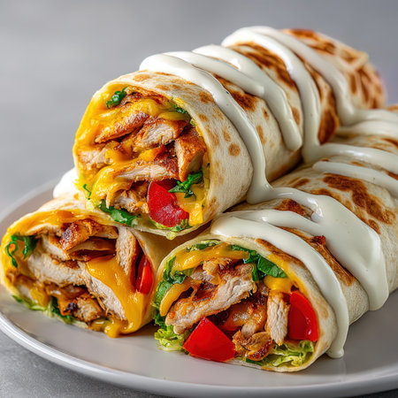 Tortilla wraps with chicken and vegetables on a gray background.の写真素材