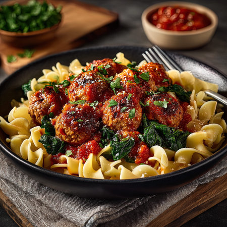 Pasta with meatballs, spinach and tomato sauce on dark backgroundの写真素材