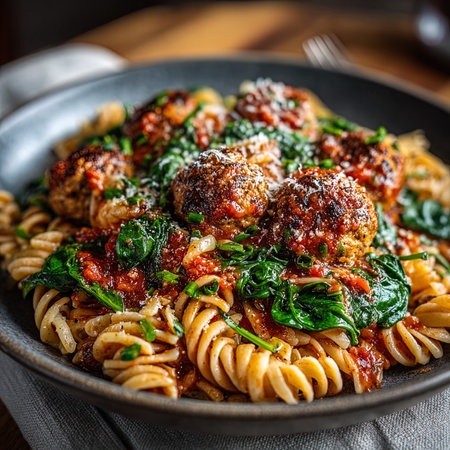 Fusilli pasta with meatballs and spinach. Italian food.の写真素材