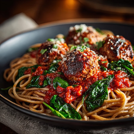 Spaghetti with meatballs, spinach and tomato sauce on a plateの写真素材