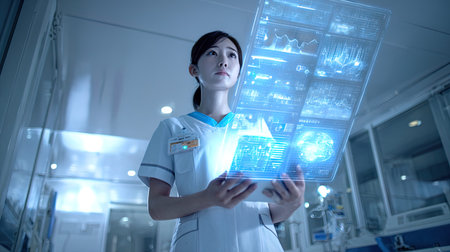 Attractive asian female scientist using tablet pc in laboratory. Mixed mediaの写真素材