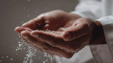 Hands of a man in a white shirt washing his hands.の写真素材