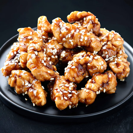 Fried sweet and sour chicken with sesame seeds on black background