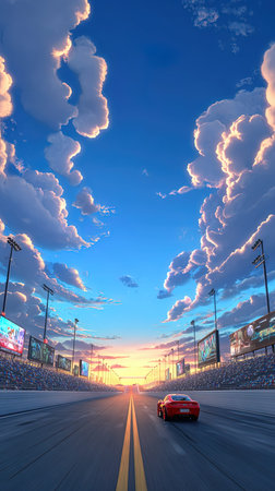 Sunset over the stadium and the car on the road. 3d render
