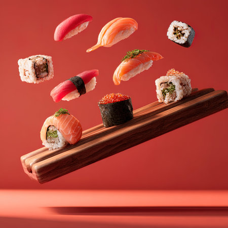 Flying sushi rolls on wooden board on red background. Concept of Japanese food.の写真素材