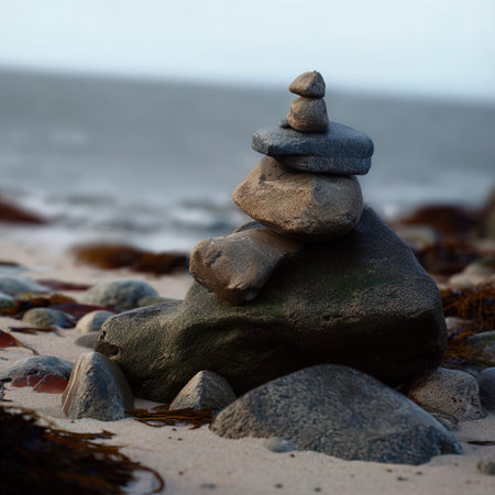 Pyramid of pebbles on the seashore. Zen conceptの写真素材