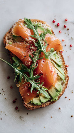 Sandwich with avocado, salmon and arugulale background