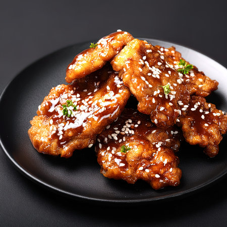 Fried chicken with sesame seeds on black plate, closeupの写真素材