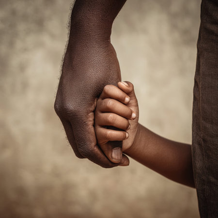 African American father and son holding hands, close-up, tonedの写真素材