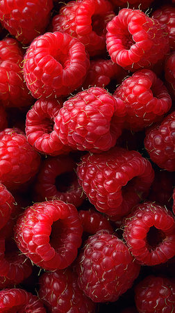 background of fresh raspberries close up, top view, macro