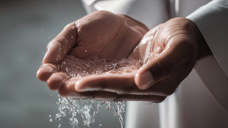 Close up of human hand holding water splashes on dark background.の写真素材